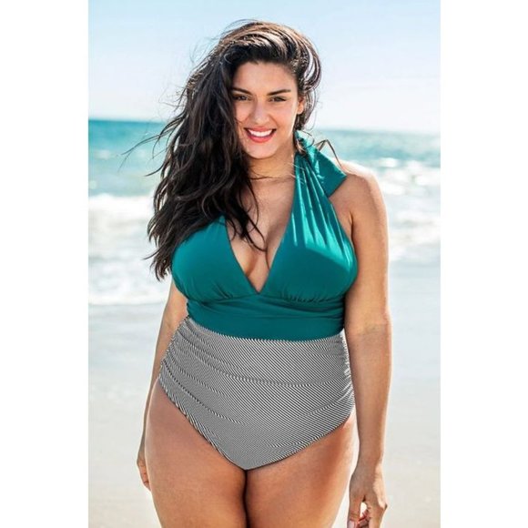 Cupshe Blue And Striped V-Neck Halter Swimsuit 0X - Picture 1 of 3